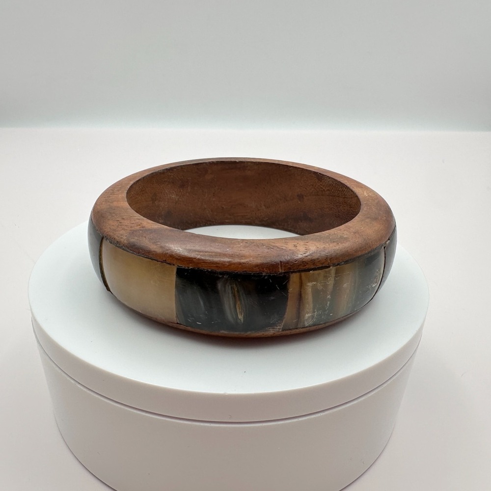 Vintage 90s Wood & Inlay Horn Bangle Bracelet Chunky Bohemian Jewelry